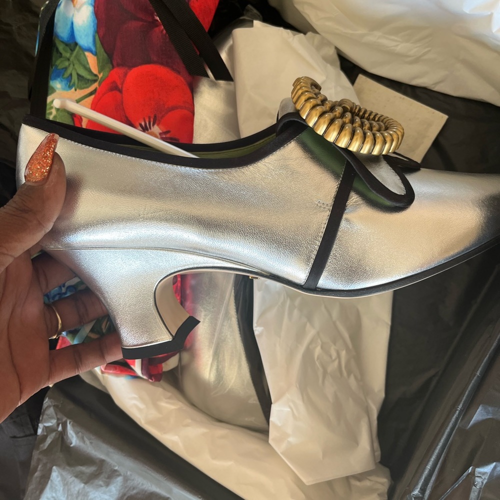 Gucci Marmont silver heeled loafers
